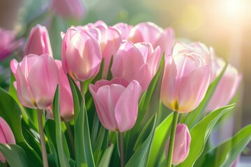 Soft light pink tulip bouquet on plain background with shallow depth of field