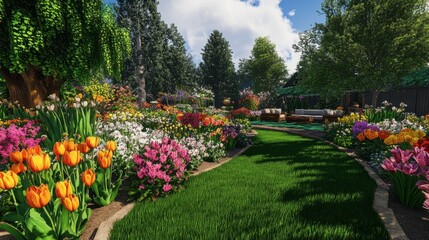 Obraz premium Vibrant Flower Garden Landscape with Lush Greenery and Pathway