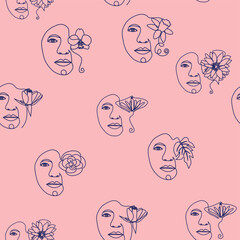 Outline woman face, abstract flowers leaves, line continuous drawing vector seamless pattern. Female portrait
