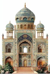 Fototapeta premium Ornate mosque facade, colorful tilework, floral details.