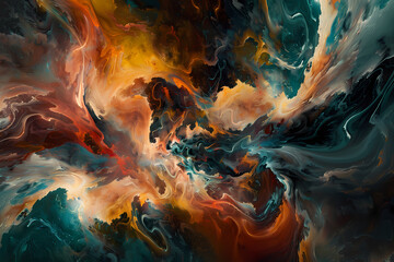 A vibrant abstract swirl of colors in a cosmic theme, featuring rich oranges, deep blues, and striking contrasts that evoke a sense of movement.