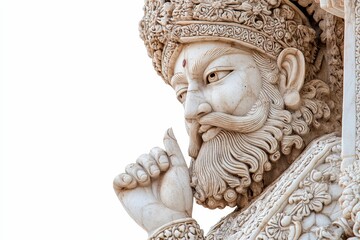 Ornate stone statue, finger on lips, serene expression.