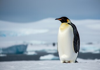 Fototapeta premium A majestic emperor penguin stands in a snowy landscape of Antarctica with icy glaciers in the background