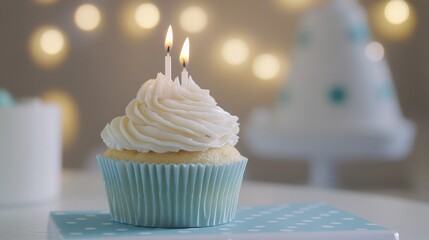Sweet birthday cupcake with a lit candle set against a blurred festive background