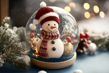 A cheerful snowman inside a sparkling snow globe, adorned with a vibrant red hat and scarf, surrounded by glistening flakes of snow in a winter wonderland.