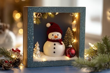 A charming snowman peeks out from a colorful box, while a beautifully adorned Christmas tree twinkles in the frosty background, radiating holiday cheer.