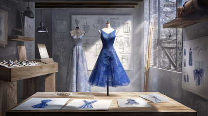 Generative AI image of fashion designer haute couture dressing place with various pencil sketches on paper and display of blue dress on mannequin