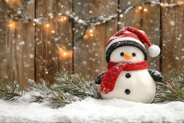 Fototapeta premium A cheerful snowman, adorned with a carrot nose and a scarf, sits joyfully amidst a glistening blanket of fresh, fluffy snow under a bright winter sky.