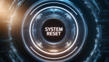 Futuristic system reset interface with glowing elements and digital background