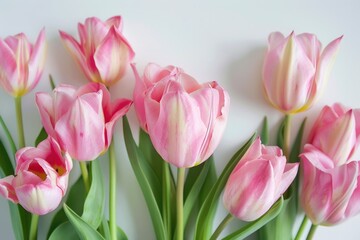 Obraz premium Spring seasonal flowers pink tulips on a plain white background close up