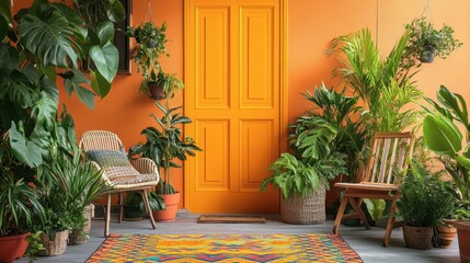 Vibrant Entrance with Tropical Plants and Colorful Rug Display