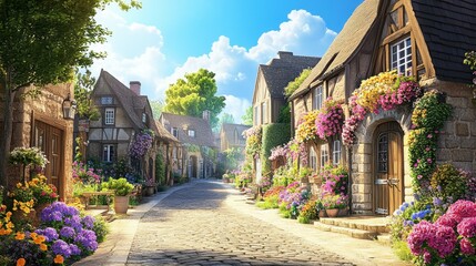 Fototapeta premium Charming Flower-Laden Village Street in Bright Spring Sunshine