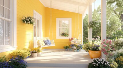 Cozy and Bright Yellow Porch with Colorful Flowers and Swings