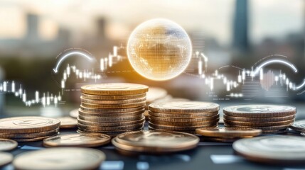 Stacks of Coins with Digital Globe and Financial Graph in Background