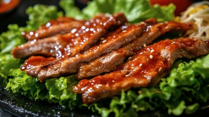 Grilled Meat with Glaze on Fresh Leafy Greens and Garnishes