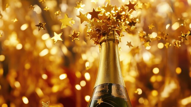 Champagne bottle overflowing with golden star paper on a vibrant vertical background, perfect for a festive New Year celebration.