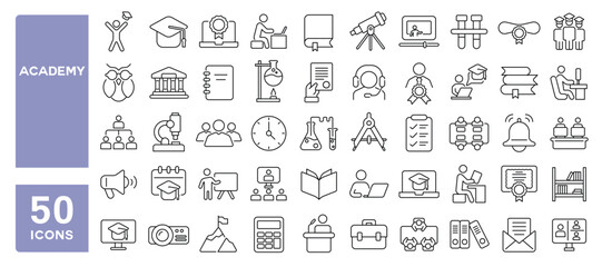 Set of 50 line icons related to academy, online, course, education, training, uni, diploma, academic, Editable stroke. Vector illustration