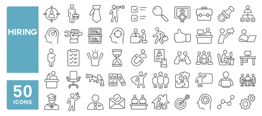Set of 50 line icons related to hiring, recruitment, human, resources, work, employment, job, remotely, hire, Editable stroke. Vector illustration