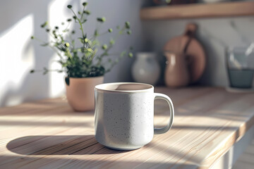 Fototapeta premium A minimalist white speckled mug filled with coffee, set on a wooden table bathed in soft, natural light. A small plant adds a touch of greenery.