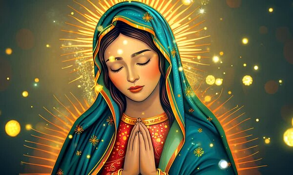 Virgen de Guadalupe, ilustraci&oacute;n sobre un fondo beige, 12 de diciembre en la basilica de guadalupe	