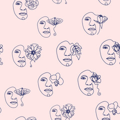 Outline woman face, abstract flowers leaves, line continuous drawing vector seamless pattern. Female portrait