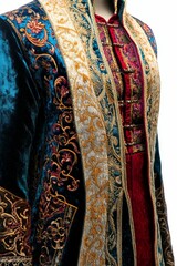Ornate teal and red velvet robe, intricate gold embroidery.