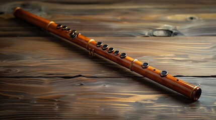 A traditional flute against a rich mahogany surface