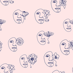 Outline woman face, abstract flowers leaves, line continuous drawing vector seamless pattern. Female portrait