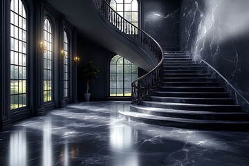 Black and white marble interior of a luxurious mansion with a dramatic staircase