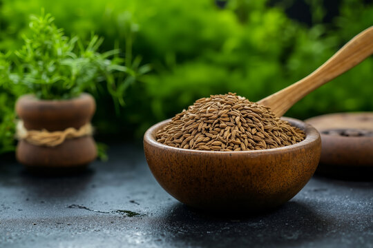 A wooden bowl filled with cumin seeds next to a wooden spoon