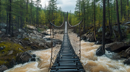 Suspended rope bridge over flowing river in forest landscape