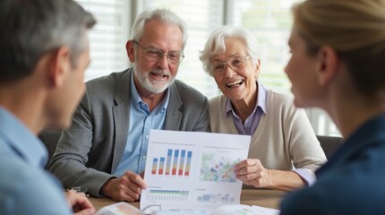 A financial advisor patiently explaining investment options to a senior couple, using charts and graphs to illustrate their retirement plan
