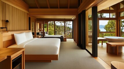 Naklejka premium Modern Minimalist Hotel Room with Scenic Nature View and Balcony