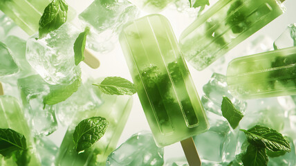 Green popsicles with mint leaves and ice on white. Generative AI image