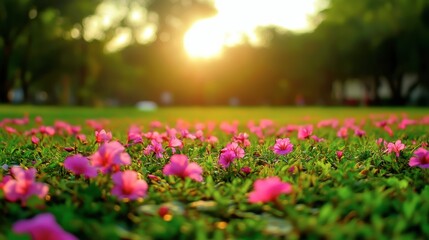 Obraz premium Vibrant Pink Flowers Blooming in Sunset Glow Over Green Grass