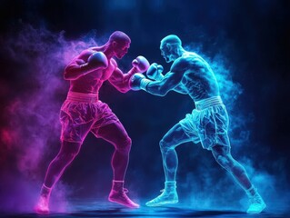 Two boxers are captured mid-action in a dynamic fight pose, showcasing the intensity and athleticism of the sport with vibrant colors and a dramatic artistic representation.