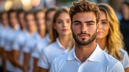 Fototapeta premium Confident young caucasian male leading a diverse group wearing white uniforms