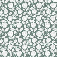Seamless monochrome minimalistic floral pattern with white flowers and leaves on the green background. Perfect for textile, fabric, backdrop, wall hanging, wrapping, design paper, home decoration