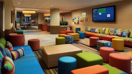 Vibrant and Colorful Lounge Area with Modern Seating and Decor
