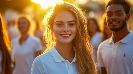 Fototapeta premium Smiling young caucasian female and african male in white shirts at sunset gathering