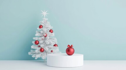 Festive White Christmas Tree with Red Ornaments and Display Podium