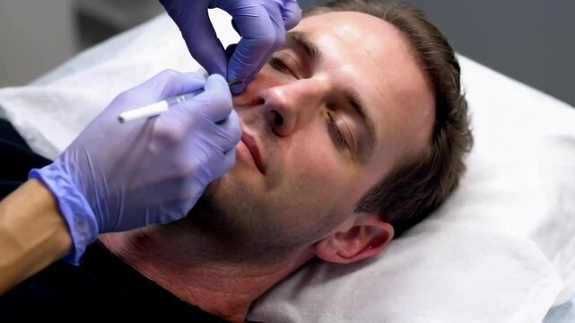 Close up of a man receiving botox injection on forehead for cosmetic treatment.