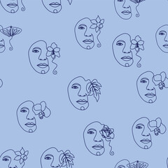 Outline woman face, abstract flowers leaves, line continuous drawing vector seamless pattern. Female portrait