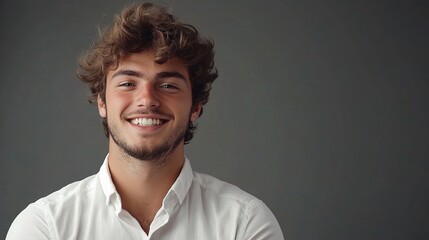 Obraz premium Happy Young Man Smiling in White Shirt Against Dark Background