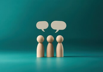 A row of wooden figures stand before a speech bubble, representing diverse voices and communication.