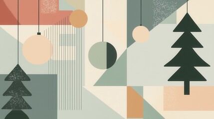 Abstract Geometric Holiday Art with Trees and Ornaments