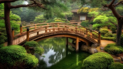 Serene Japanese Garden with Wooden Bridge and Tranquil Water Body