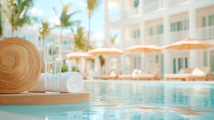 A serene poolside setting featuring a straw hat, glasses, and a tranquil atmosphere, perfect for relaxation and leisure.