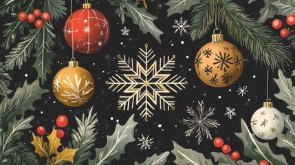 Festive Holiday Design with Ornaments and Snowflakes