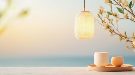 A serene setting featuring a decorative lamp, two cups, and delicate flowers against a soft, pastel background near the ocean.